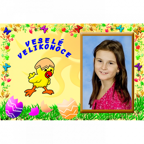 Žlutá velikonoční pohlednice s Vaši fotkou - motiv kuře, kraslice